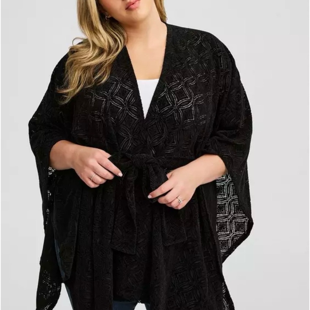 SOLD- TORRID Black Belted Ruana Velvet Burnout Kimono- One Size Fits All